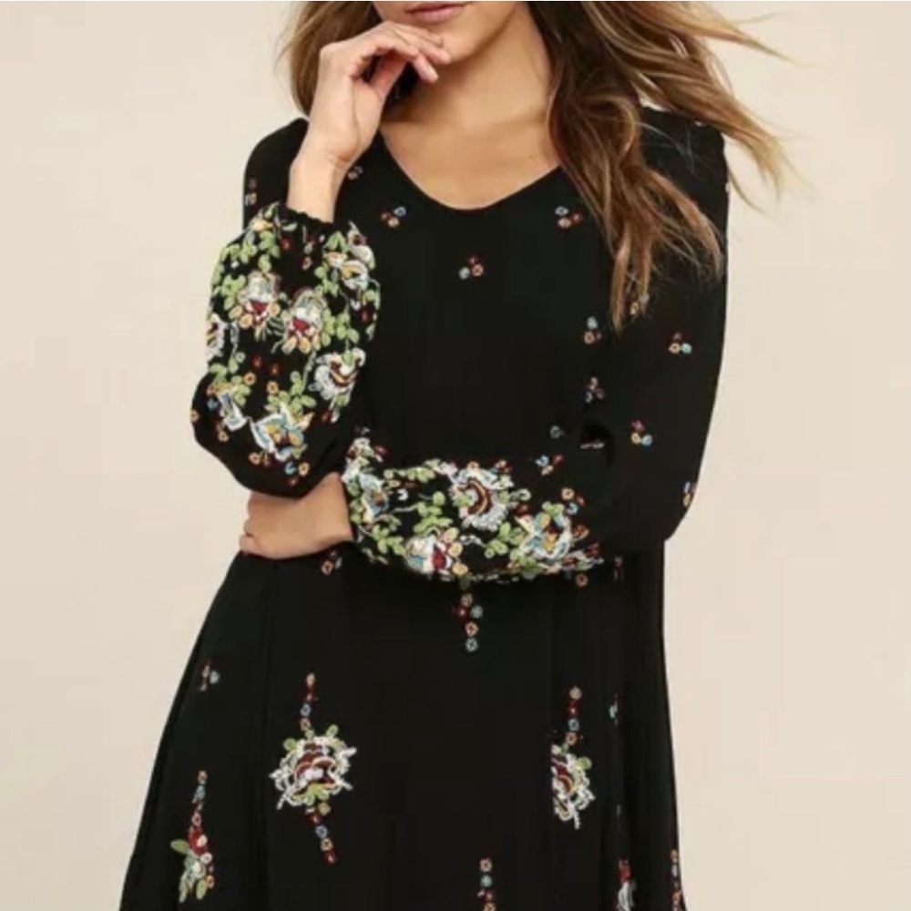 Free People Oxford Embroidered BoHo Mini Dress in Black - XS